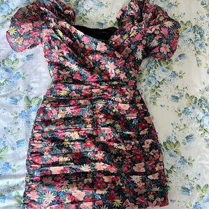 C/MEO And Ever More Blue Multi Floral Print Puff Sleeve Bodycon Dress (Rush)